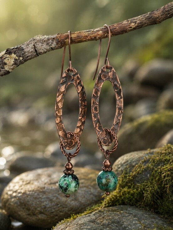 Earth Art hand crafted artisan Jewelry - Artisan Hammered Copper Earrings African Turquoise Jasper Geometric Hand Crafted